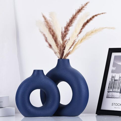 Blue Ceramics Vase for Home Decor -Blue Vase Set of 2 Circular Flowers Vase Modern Navy Blue Decor - Home Decoration for Kitchen Table, Living Room Side Table, Fire Place or Flower Shop in Saudi Arabia