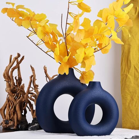 Blue Ceramics Vase for Home Decor -Blue Vase Set of 2 Circular Flowers Vase Modern Navy Blue Decor - Home Decoration for Kitchen Table, Living Room Side Table, Fire Place or Flower Shop in Saudi Arabia