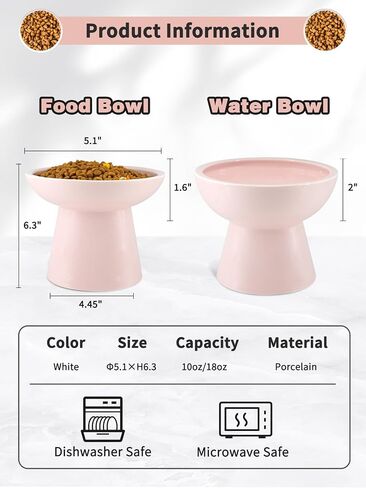 LoeJan Elevated Cat Food and Water Bowls Set, Extra Wide and Raised Ceramic Bowls, Anti-Vomit Whisker-Free Pressure Cat Feeder for Kittens to Adult Cats and Small Dogs (White, Water Bowl) in Saudi Arabia