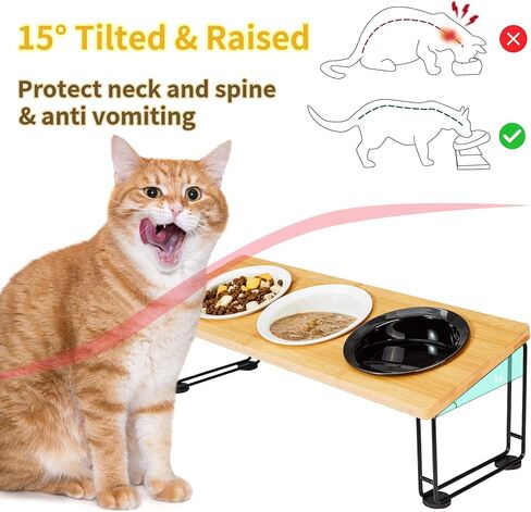 أوعية مرتفعة للقطط من أوسيا، أوعية مياه للقطط مع حامل من الخيزران الطبيعي، 3 أطباق سيراميك - تصميم مائل 15 درجة لوضع الأكل الأمثل، ومنع القيء، وسهولة التجميع، وحصيرة مقاومة للماء in Kuwait