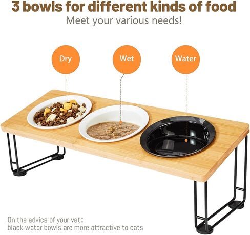 أوعية مرتفعة للقطط من أوسيا، أوعية مياه للقطط مع حامل من الخيزران الطبيعي، 3 أطباق سيراميك - تصميم مائل 15 درجة لوضع الأكل الأمثل، ومنع القيء، وسهولة التجميع، وحصيرة مقاومة للماء in Kuwait