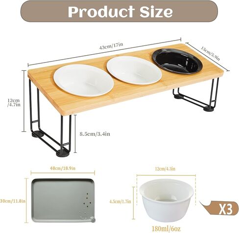 أوعية مرتفعة للقطط من أوسيا، أوعية مياه للقطط مع حامل من الخيزران الطبيعي، 3 أطباق سيراميك - تصميم مائل 15 درجة لوضع الأكل الأمثل، ومنع القيء، وسهولة التجميع، وحصيرة مقاومة للماء in Kuwait