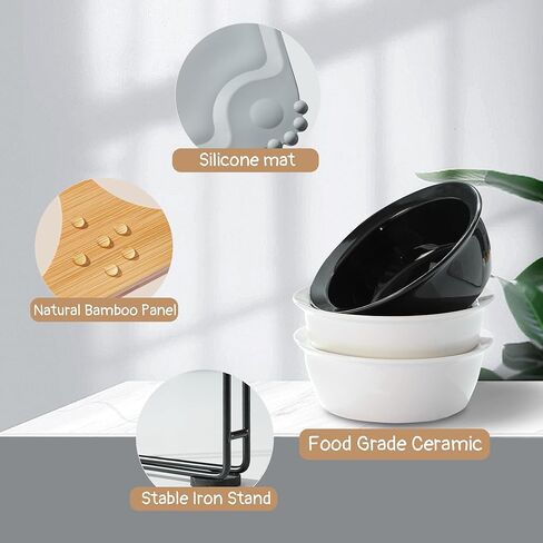 أوعية مرتفعة للقطط من أوسيا، أوعية مياه للقطط مع حامل من الخيزران الطبيعي، 3 أطباق سيراميك - تصميم مائل 15 درجة لوضع الأكل الأمثل، ومنع القيء، وسهولة التجميع، وحصيرة مقاومة للماء in Kuwait