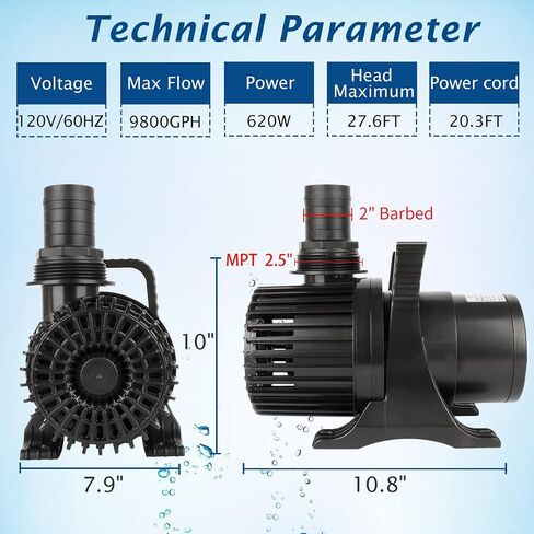WaterRebirth 100W 1700 GPH Pond Pump, Ultra Quiet Heavy Duty Submersible Water Pump for Koi Ponds, Fountains, Aquariums & Waterfalls, 20.3 ft Power Cord, UL Listed in Kuwait
