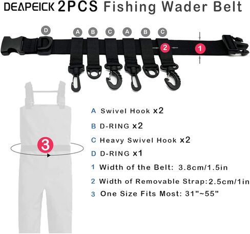Deapeick Adjustable Fishing Wader Belt with 4 Swivel Hook and 3 D-Ring Fits 31" to 58" Waist for Fly Fishing Surfing Kayak Multi-Functional Fisihing Tackle Storager Wading Belt 2pcs in Kuwait