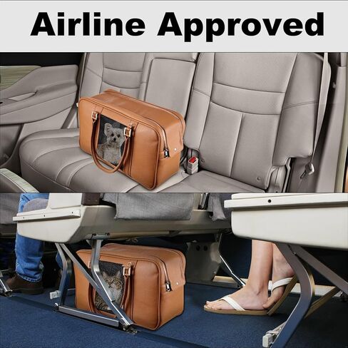 نويل شنطة حمل انيقة للكلاب الصغيرة مع جيبين اضافيين تحمل ما يصل الى 10 باوند، حامل حيوانات اليفة من جلد البولي يوريثين، حامل قطط معتمد من شركات الطيران للسفر (لون بني، مقاس S) in Kuwait