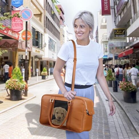 نويل شنطة حمل انيقة للكلاب الصغيرة مع جيبين اضافيين تحمل ما يصل الى 10 باوند، حامل حيوانات اليفة من جلد البولي يوريثين، حامل قطط معتمد من شركات الطيران للسفر (لون بني، مقاس S) in Kuwait