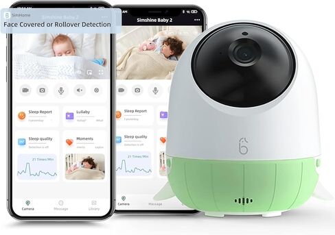 Simshine Smart Baby Monitor WiFi، الهاتف الذكي، تنبيه مغطى بالوجه، AI Cry، تهويدة مهدئة، راحة البال، تحليل النوم، رطوبة درجة حرارة التنفس، كاميرا فيديو ذات شاشة مقسمة 2K UHD، رؤية ليلية للتحدث في اتجاهين in Kuwait