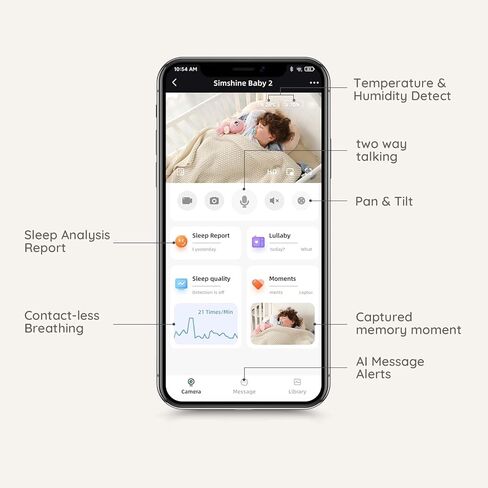 Simshine Smart Baby Monitor WiFi، الهاتف الذكي، تنبيه مغطى بالوجه، AI Cry، تهويدة مهدئة، راحة البال، تحليل النوم، رطوبة درجة حرارة التنفس، كاميرا فيديو ذات شاشة مقسمة 2K UHD، رؤية ليلية للتحدث في اتجاهين in Kuwait