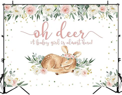Avezano Woodland Baby Shower خلفية الوردي الزهور فتاة الغزلان استحمام الطفل صورة خلفية الخضرة تزلف أوه الغزلان خلفيات استحمام الطفل (5x3) in Kuwait