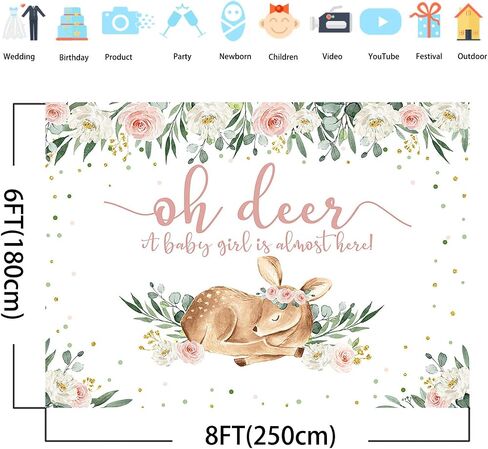 Avezano Woodland Baby Shower خلفية الوردي الزهور فتاة الغزلان استحمام الطفل صورة خلفية الخضرة تزلف أوه الغزلان خلفيات استحمام الطفل (5x3) in Kuwait