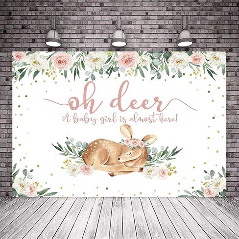 Avezano Woodland Baby Shower خلفية الوردي الزهور فتاة الغزلان استحمام الطفل صورة خلفية الخضرة تزلف أوه الغزلان خلفيات استحمام الطفل (5x3) in Kuwait