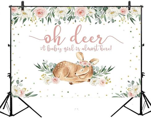 Avezano Woodland Baby Shower خلفية الوردي الزهور فتاة الغزلان استحمام الطفل صورة خلفية الخضرة تزلف أوه الغزلان خلفيات استحمام الطفل (5x3) in Kuwait