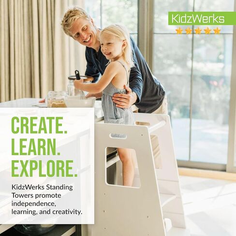 KidzWerks Child Standing Tower Kids Kitchen Step Stool مقعد خشبي للأطفال الصغار - مقعد مونتيسوري للأطفال - منصة قابلة للتعديل، رمادي in Kuwait