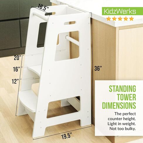 KidzWerks Child Standing Tower Kids Kitchen Step Stool مقعد خشبي للأطفال الصغار - مقعد مونتيسوري للأطفال - منصة قابلة للتعديل، رمادي in Kuwait