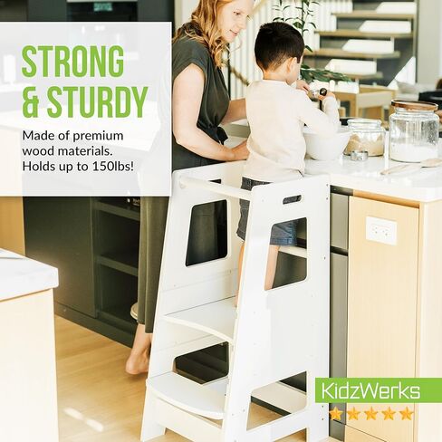KidzWerks Child Standing Tower Kids Kitchen Step Stool مقعد خشبي للأطفال الصغار - مقعد مونتيسوري للأطفال - منصة قابلة للتعديل، رمادي in Kuwait