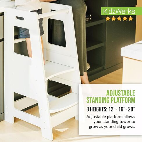 KidzWerks Child Standing Tower Kids Kitchen Step Stool مقعد خشبي للأطفال الصغار - مقعد مونتيسوري للأطفال - منصة قابلة للتعديل، رمادي in Kuwait