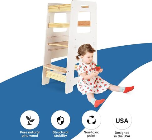 Kitchen Step Stool - Safe Montessori Standing Tower for Kids with Safety Rail, Height Adjustable Toddler Ideal Helper for Learning New Skills, Anti-Slip Protection for Bathroom - Deep Blue in Saudi Arabia