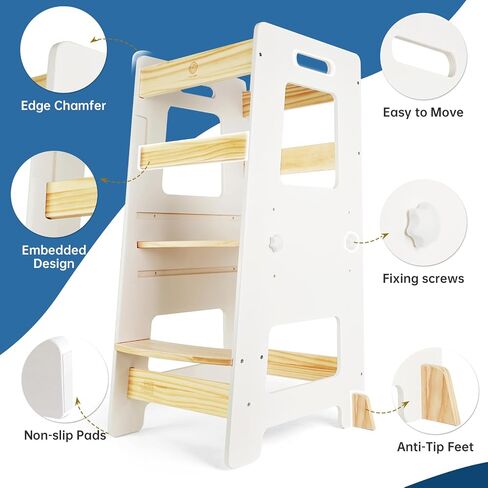 Kitchen Step Stool - Safe Montessori Standing Tower for Kids with Safety Rail, Height Adjustable Toddler Ideal Helper for Learning New Skills, Anti-Slip Protection for Bathroom - Deep Blue in Saudi Arabia