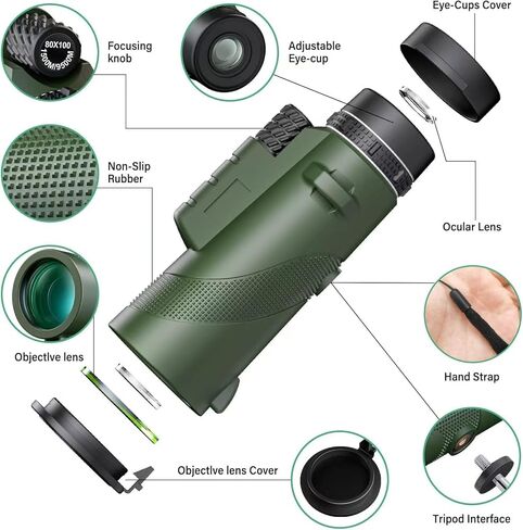 HISECOO 80x100 تلسكوب أحادي العين، محول الهاتف الذكي عالي الطاقة وحامل ثلاثي القوائم، تلسكوب أحادي العين للبالغين، رؤية النجوم عالية الوضوح، الصيد، الحياة البرية، مشاهدة الطيور، التخييم، المشي لمسافات طويلة in Kuwait