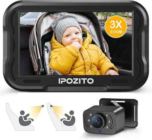 IPOZITO Baby Car Camera, 4.3'' Monitor with IR Night Vision, 3X Zoom in Closer, Easily Install Baby Car Mirror 1080P Clear Car Baby Camera for Rear Facing Seat Backseat in Kuwait
