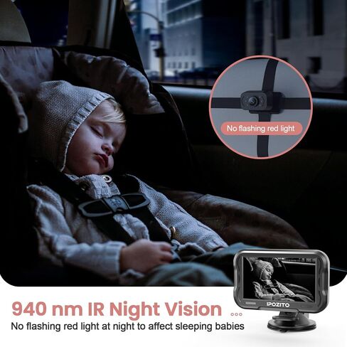 IPOZITO Baby Car Camera, 4.3'' Monitor with IR Night Vision, 3X Zoom in Closer, Easily Install Baby Car Mirror 1080P Clear Car Baby Camera for Rear Facing Seat Backseat in Kuwait