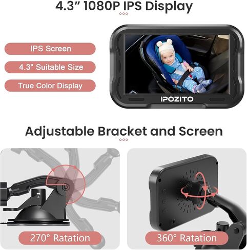 IPOZITO Baby Car Camera, 4.3'' Monitor with IR Night Vision, 3X Zoom in Closer, Easily Install Baby Car Mirror 1080P Clear Car Baby Camera for Rear Facing Seat Backseat in Kuwait