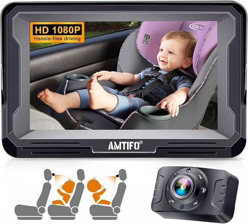 مرآة سيارة أطفال عالية الدقة 1080P كاميرا للرضع المواجهة الخلفية مراقب الرؤية الخلفية لمقعد السيارة والسفر للأطفال حديثي الولادة إصدار الأشعة تحت الحمراء الليلية AMTIFO A3 in Kuwait