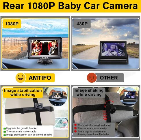 مرآة سيارة أطفال عالية الدقة 1080P كاميرا للرضع المواجهة الخلفية مراقب الرؤية الخلفية لمقعد السيارة والسفر للأطفال حديثي الولادة إصدار الأشعة تحت الحمراء الليلية AMTIFO A3 in Kuwait