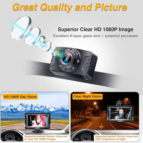 مرآة سيارة أطفال عالية الدقة 1080P كاميرا للرضع المواجهة الخلفية مراقب الرؤية الخلفية لمقعد السيارة والسفر للأطفال حديثي الولادة إصدار الأشعة تحت الحمراء الليلية AMTIFO A3 in Kuwait