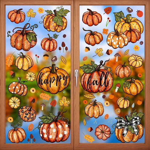YUJUN 6 Sheets Thanksgiving Fall Window Clings,Pumpkin Maple Leaves Oil Painting Window Decals Stickers for Autumn Glass Home Decor and Thanksgiving Fall Window Decoration in Kuwait