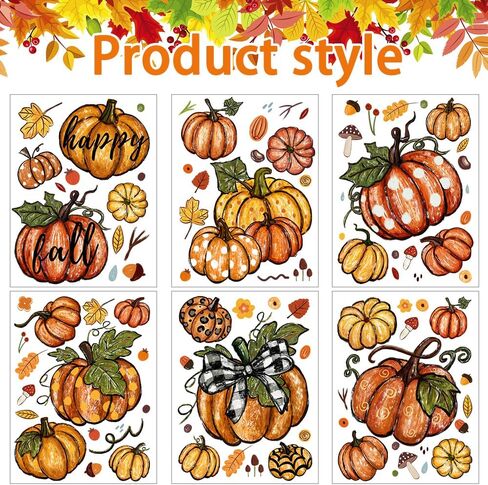 YUJUN 6 Sheets Thanksgiving Fall Window Clings,Pumpkin Maple Leaves Oil Painting Window Decals Stickers for Autumn Glass Home Decor and Thanksgiving Fall Window Decoration in Kuwait