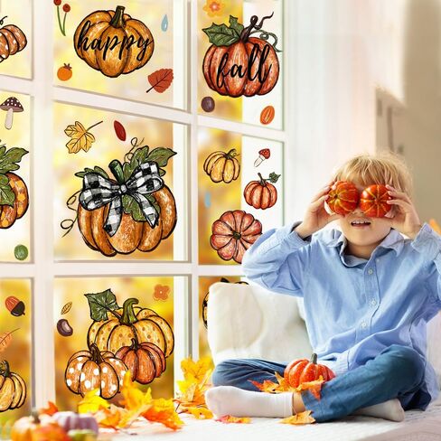 YUJUN 6 Sheets Thanksgiving Fall Window Clings,Pumpkin Maple Leaves Oil Painting Window Decals Stickers for Autumn Glass Home Decor and Thanksgiving Fall Window Decoration in Kuwait