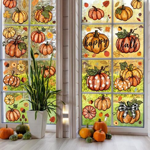 YUJUN 6 Sheets Thanksgiving Fall Window Clings,Pumpkin Maple Leaves Oil Painting Window Decals Stickers for Autumn Glass Home Decor and Thanksgiving Fall Window Decoration in Kuwait