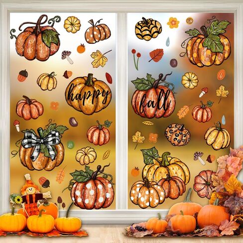 YUJUN 6 Sheets Thanksgiving Fall Window Clings,Pumpkin Maple Leaves Oil Painting Window Decals Stickers for Autumn Glass Home Decor and Thanksgiving Fall Window Decoration in Kuwait