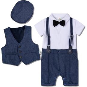 A&J DESIGN 5pcs Baby Boys Suit 3-18M, Romper, Vest, Hat, Bow Tie, Suspender | Convenient, Button Crotch, Easy Diaper Changes, Complete Gentleman Look, Gift, Classic, Summer, Ring Bearer, Short Sleeve in Kuwait