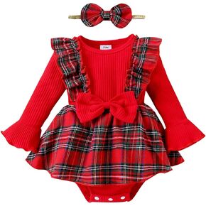 Mubineo Infant Baby Girl Christmas Plaid Overall Dress Outfits Fall Winter Ruffle Romper Headband Sets in Kuwait