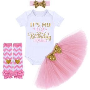 Birthday Outfit Baby Girls Romper+Ruffle Tulle Skirt+Sequins Bow Headband+Leg Warmers Cake Smash Dress Clothes 4Pcs Set in Kuwait