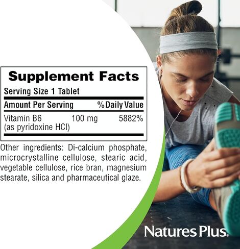 NaturesPlus Vitamin B6 (Pyridoxine HCI) - 100 mg, 90 Vegetarian Tablets - Energy & Metabolism Booster, Hair Skin & Nails, Memory, Mood, Immune System Support Supplement - Gluten-Free - 90 Servings in Saudi Arabia