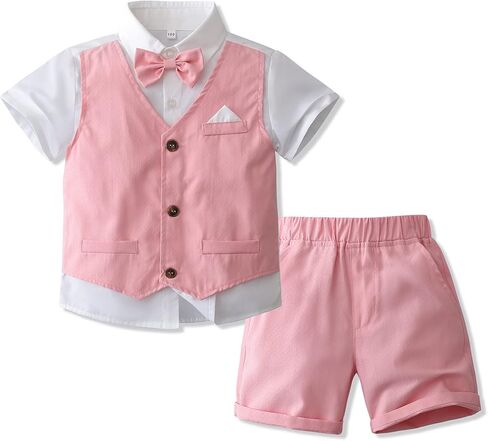 Tiepant Boy's Summer Fake Vest Gentleman Outfits 2 Piece Clothes Suit for Dress Up 12 Months - 5 Years in Kuwait