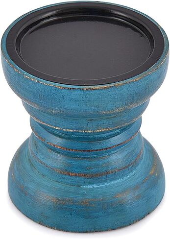 EDHAS Mango Wood Blue Candlestick Holders for Dining Table Centerpiece, Coffee Table, Mantel, Or Any Table Top. (4" x 4" x 4") in Kuwait