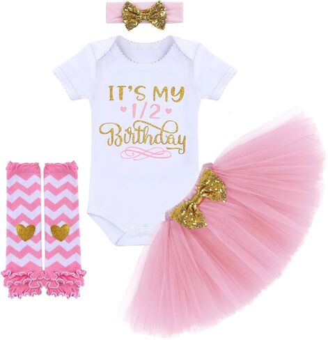 Birthday Outfit Baby Girls Romper+Ruffle Tulle Skirt+Sequins Bow Headband+Leg Warmers Cake Smash Dress Clothes 4Pcs Set in Kuwait