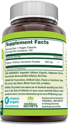 Herbal Secrets Organic Tribulus 630 Mg 120 Veggie Capsules Supplement | Non-GMO | Gluten Free | Made in USA in Saudi Arabia