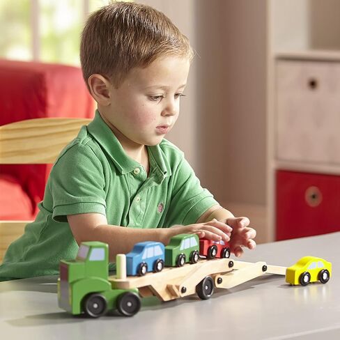 Melissa & Doug Car Carrier Truck and Cars Wooden Toy Set With 1 Truck and 4 Cars - Vehicle Toys, Push And Go Wooden Trucks For Toddlers And Kids Ages 3+ in Saudi Arabia