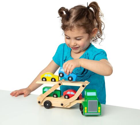 Melissa & Doug Car Carrier Truck and Cars Wooden Toy Set With 1 Truck and 4 Cars - Vehicle Toys, Push And Go Wooden Trucks For Toddlers And Kids Ages 3+ in Saudi Arabia