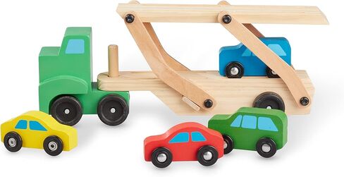 Melissa & Doug Car Carrier Truck and Cars Wooden Toy Set With 1 Truck and 4 Cars - Vehicle Toys, Push And Go Wooden Trucks For Toddlers And Kids Ages 3+ in Saudi Arabia