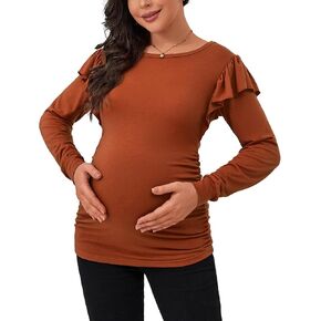 جينكانا قمصان الأمومة كم طويل عادية مزركش الكشكشة الكتف Bodycon الحمل بلايز التي شيرت تونك لارتداء اليومي in Kuwait