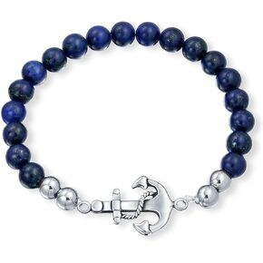 Bling Jewelry Bali Vacation Style Nautical Tropical Navy Blue Lapis Lazuli Nautical Rope Boat Anchor Blue Turquoise Fish Pisces Zodiac Charm Bead Stretch Bracelet For Women Teens Silver Plated