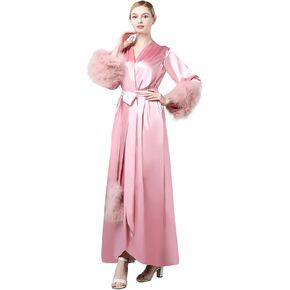 BATHGOWN Women's Robe Fur Nightgown Bathrobe Sleepwear Feather Bridal Robe with Belt