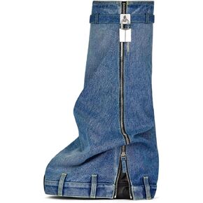 Arqa Women's Fold Over Knee High Boots Platform Heel Padlock Boot with Zipper Denim Jeans Biker Shoes